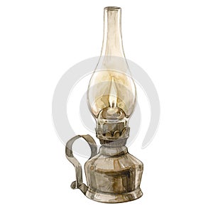Watercolor illustration of vintage kerosene lamp isolated on white background.