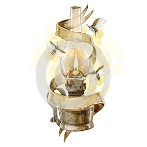 Watercolor illustration of vintage kerosene lamp with ribbon paper banner and fireflies isolated on white background.