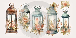 Watercolor Illustration Of Vintage Lanterns With Flowers Inside