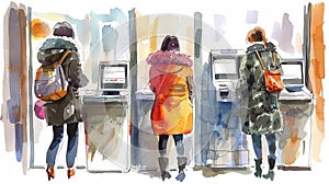 Watercolor illustration of voters at polling station. Citizens casting ballots in election. People vote. Concept of