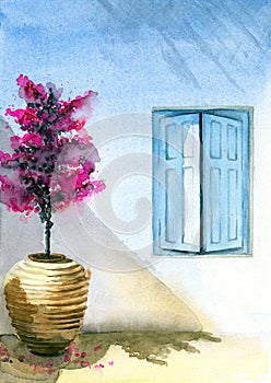 Watercolor illustration of a wall of a white stucco house with a blue shuttered window