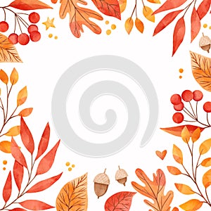 Watercolor illustration in warm colors. Frame of fall leaves, acorns, berries. Forest design elements. Hello Autumn! Perfect for