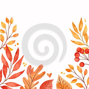 Watercolor illustration in warm colors. Frame of fall leaves, acorns, berries. Forest design elements. Hello Autumn! Perfect for