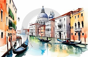 watercolor illustration of water canals with gondolas in Venice. travelling in Italy, postcard