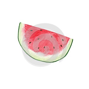 Watercolor illustration of a watermelon slice on the white background, sweet red juicy fruit, healthy and organic diet simple food