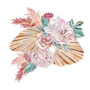 watercolor illustration. Wedding bouquet in boho style, peony roses, flowers,pampas grass, palm leaves, dried flowers.
