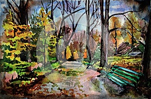 Watercolor illustration. Wet autumn alley.