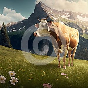 watercolor illustration of a white background cow on green grass.