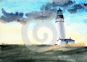 Watercolor illustration of a white lighthouse in a field with tall grass