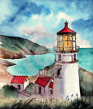 Watercolor illustration of a white lighthouse on a grassy hill