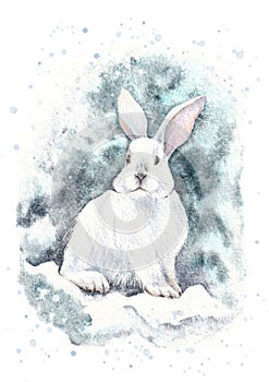 Watercolor illustration of a white rabbit in snow. Christmas abstract background.