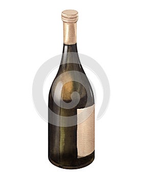 Watercolor illustration of the of white wine glass bottle. Picture of a alcoholic drink isolated on the white background