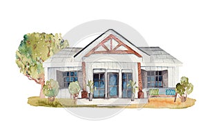 Watercolor illustration of white wooden american house with garden furniture and lawn