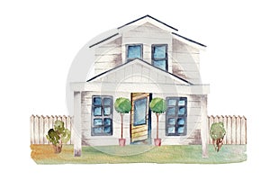 Watercolor illustration of white wooden farmhouse