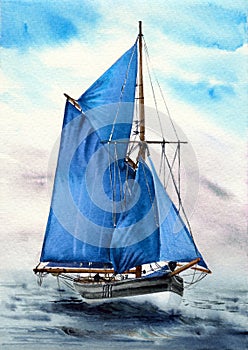 Watercolor illustration of a white yacht with bright blue sails