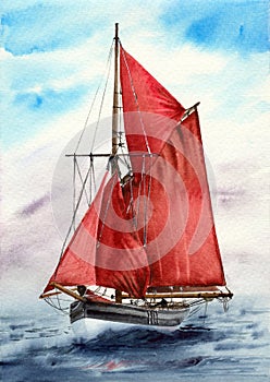 Watercolor illustration of a white yacht with bright red sails