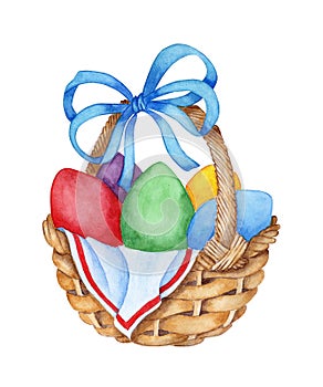 Watercolor illustration of a wicker basket with a blue bow and painted eggs in it