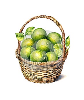 Wicker basket with ripe limes isolated on white background.