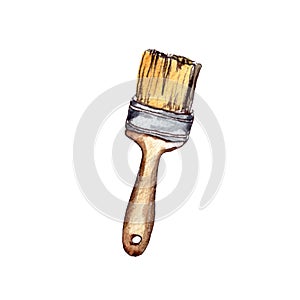 Watercolor illustration. a wide paint brush on a red handle. handtool for repairing homes and apartments. isolated photo