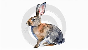 Watercolor illustration of wild rabbit. Side view hare. Hand drawn sketch