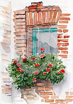 Watercolor illustration of a window of an old red brick house
