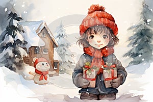 Watercolor illustration of a winter boy with gift boxes outdoor. Merry christmas postcard design