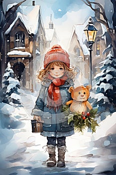 Watercolor illustration of a winter girl in red hat walking outdoor. Merry christmas postcard design