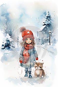Watercolor illustration of a winter girl walking a puppy outdoor. Merry christmas postcard design