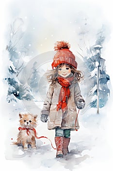 Watercolor illustration of winter girl walking a puppy outdoor. Merry christmas snow postcard design