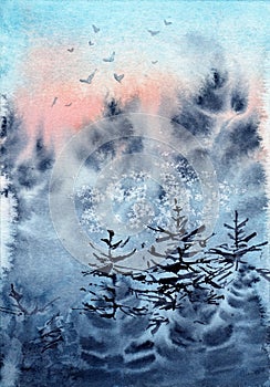 Watercolor illustration of a winter landscape with dark fir trees