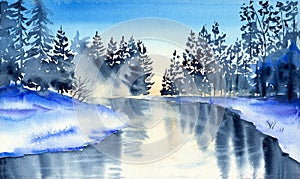 Watercolor illustration of a winter landscape with fir trees on a snowy river bank reflecting in the water