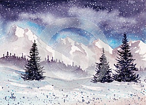 Watercolor illustration of a winter snowy landscape with dark fir trees