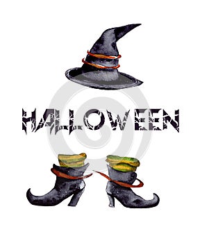 watercolor illustration.A witch's hat and black witch's boots.happy Halloween label for postcards, banners