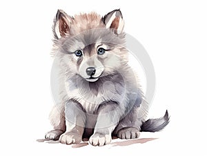 Watercolor illustration of wolf cub on white background