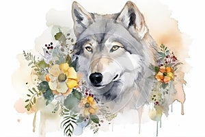 Watercolor illustration of wolf surrounded by flowers and splashes of watercolor paint