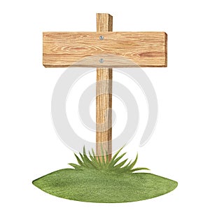 Watercolor illustration of wood texture, wooden plank or direction pointer signpost on the green grass isolated