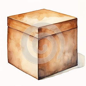 Watercolor Illustration Of Wooden Box On White Background