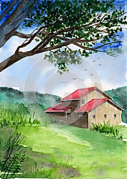 Watercolor illustration of a wooden cottage with a red roof on a green meadow