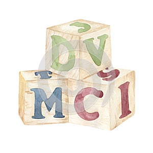 Watercolor illustration of wooden cubes with alphabet