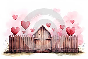 watercolor illustration wooden fence with gate with pink hearts isolated on white background