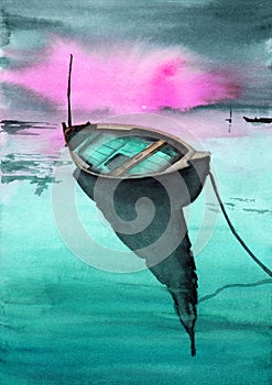 Watercolor illustration of a wooden fishing boat on the shallows photo