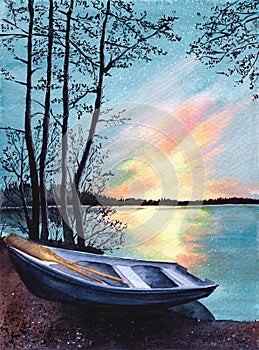 Watercolor illustration of a wooden fishing boat on the shore of a blue lake