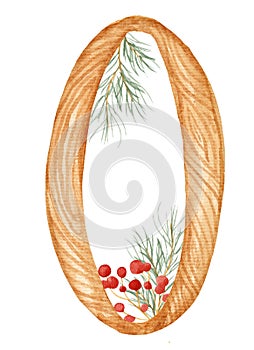 Watercolor illustration, wooden number zero decorated with fir branches and berries.