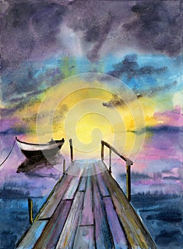 Watercolor illustration of a wooden pier extending into the sea