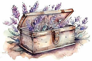 Watercolor Illustration Of Wooden Scented Box With Lavender