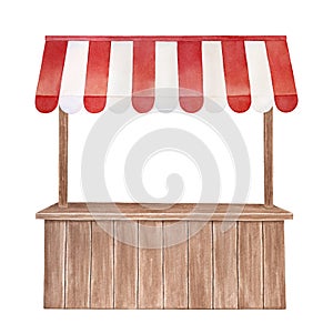 Watercolor illustration of wooden stall with red and white striped canopy, front view.