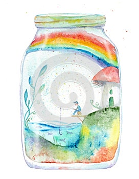 Watercolor illustration - world in a jar, fisherman, house