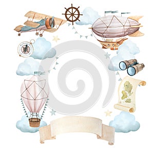 Watercolor illustration of wreath with flying vehicles and travel attributes. Airship, retro plane, hot air balloon