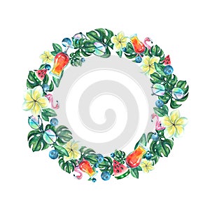 Watercolor illustration of a wreath, a frame on the theme of a beach bar.