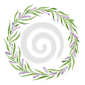 Watercolor illustration wreath lavender, leaves green purple flowers, tender, wedding pragmatics, provence photo